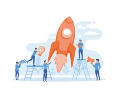 People challenge teamwork. Growth with rocket investment services. flat vector modern illustration