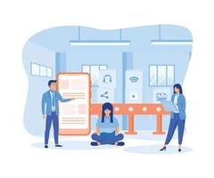 production line with workers, automation and user interface concept. connecting, loading a smart phone and sharing media data with a system, smart industry. flat vector modern illustration