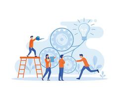 Teamwork on finding new ideas, little people launch a mechanism, search for new solutions.flat vector modern illustration