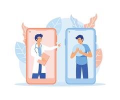 Mobile telemedicine smart phone application, male doctor. Useful mobile device tool for managing healthcare service, patient remote professional consultation. flat vector modern illustration