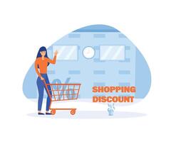 mujer emprendedor compras carro carretilla con grande porcentaje signo. interesar Velocidad compras. consumismo y sociedad. libre de impuestos. plano vector moderno ilustración