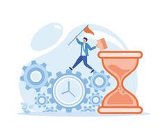 Time management, control. Businessman run along gear in form of clock.  flat vector modern illustration