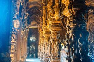 Pattaya, Thailand - December 31, 2023. Interior of Sanctuary of Truth wooden temple in Pattaya, Thailand. Sanctuary of Truth temple. photo