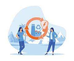 Circular economy and energy production. Women holding cycle sign with power factory. flat vector modern illustration