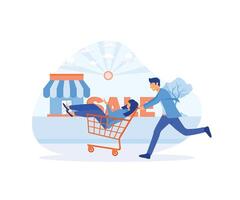 Man push shopping cart with woman. Big sale shopping.  flat vector modern illustration