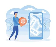 Set Geo location Concept. Male Searching Route and Looking on Map Online in Smart phone Application. flat vector modern illustration