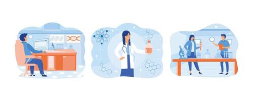 People scientists research in laboratory process. Scientist with flasks, working on antiviral treatment development. Analysis and tests of vaccines. set flat vector modern illustration