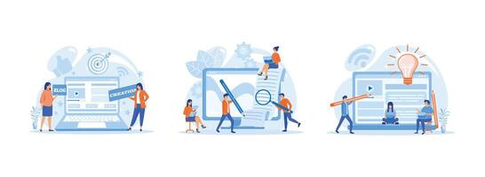 Woman Creating Web Page, Blogging and copy writing concept, Freelance writer with laptop creating internet content. Blog Promotion set flat vector modern illustration