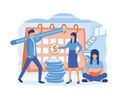 Payment date concept. People are standing near to a calendar with a due date.  flat vector modern illustration
