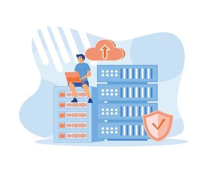 Cloud computing concept. Man sitting on rack analyzing  file management on laptop. flat vector modern illustration