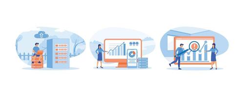 Big Data and Cloud Computing. Businesswoman   using remote servers to analyzing large sets of data. Recognizing mistakes. set flat vector modern illustration