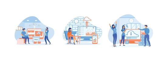 Team administrator. Business technology cloud computing service. Storing data on cloud server. Cloud computing 3 set flat vector modern illustration