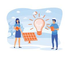 Installation of solar energy panels. Field workers and project managers demonstrate the system. Sustainable development. flat vector modern illustration