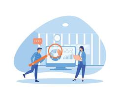 Man and girl with magnifying glass look at graphs and charts. Work with statistics and marketing research, analytical department.   flat vector modern illustration