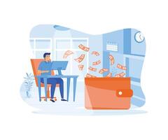 Making money online. Bearded man working at desk with computer and money flowing from screen to wallet. flat vector modern illustration