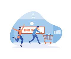 Big sale shopping.  Happy young couple family with man pushing beautiful lady holding shopping bags on shopping cart trolley. flat vector modern illustration