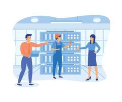 Team doing maintenance and repairs on a server device. Server admin, database management staff. work and profession.  flat vector modern illustration