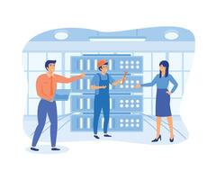 Team doing maintenance and repairs on a server device. Server admin, database management staff. work and profession.  flat vector modern illustration