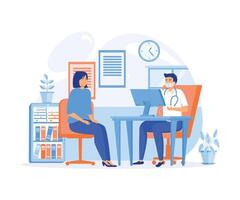 Doctor in mask consulting female patient. Physycian sitting at the desk with monitor. Family therapist, health care, clinic workspace concept.  flat vector modern illustration