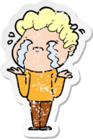 distressed sticker of a cartoon man crying png