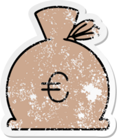 distressed sticker of a cute cartoon bag of money png