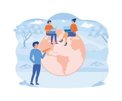 Work from anywhere around the world. Business people sitting around world map on globe working with online computer.  flat vector modern illustration