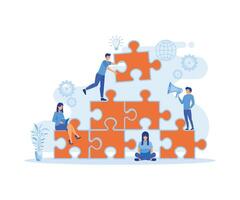 Joint teamwork, building a business team. People connecting pieces of puzzles. Metaphor of cooperation and business partnership. flat vector modern illustration