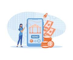 móvil bancario moderno concepto. mujer paga para compras o envía dinero utilizando inteligente teléfono aplicación plano vector moderno ilustración