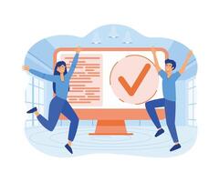 Done job concept. Happy man and woman with check mark sign in computer screen.  flat vector modern illustration