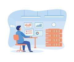 Man Working In Data Center Room Hosting Server Computer Monitoring Information Database. flat vector modern illustration