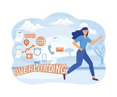 Information overload concept. Young woman running away from information stream.  flat vector modern illustration