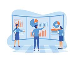 Business analysts teamwork on holographic graphs and statistical diagrams of sales management and operational reports, key performance indicators. flat vector modern illustration