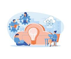 Wireless computing service concept. Work colleague team of users connected by cloud computing and light bulb. Online collaboration, remote business management.  flat vector modern illustration