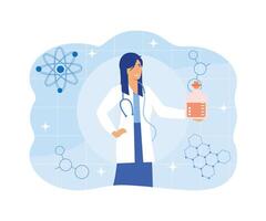 Female scientist. Scientist with flasks, working on antiviral treatment development. flat vector modern illustration