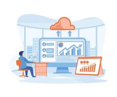 Cloud computing service concept and with developer team working on dashboard monitor concept.  flat vector modern illustration