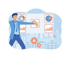 Data scientist looking and interacting with virtual dashboard to analyze data in charts and statistics. flat vector modern illustration