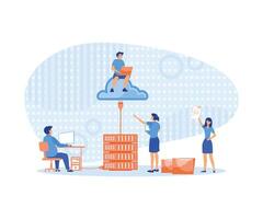 Business technology storage cloud computing service concept with administrator team working on cloud.  flat vector modern illustration