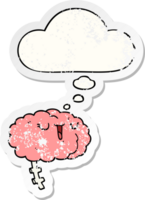 happy cartoon brain and thought bubble as a distressed worn sticker png