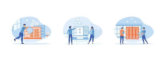 Management information system, Document management soft abstract concept, people idea of information and analysis data.  Data management set flat vector modern illustration