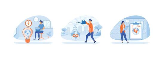 Circular economy. Man watering plants. Research green energy, reducing carbon dioxide emissions and climate impact. Circular economy 1 set flat vector modern illustration