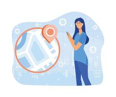 Young female character using a navigational app. Map and geo tag. Millennials and devices. flat vector modern illustration