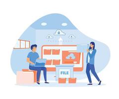 Team administrator and developer working with computer monitor.  flat vector modern illustration