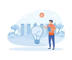 Man with solar energy panels and smart home technology.  flat vector modern illustration