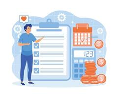 Budget planning. Financial analyst planning at check list on clipboard, calculator and calendar. flat vector modern illustration