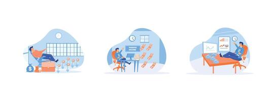 Passive income, salary and profits concept, A man relaxes in front of a computer to earn money, Businessman relaxing in chair working with computer and earning coins. vector