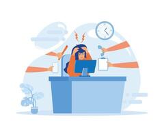 Business Woman Surrounded by Hands with Office Things. Multitasking and Time Management. flat vector modern illustration
