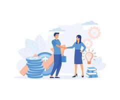 Business growth. Business porters a successful team. The investor holds money in ideas. financing of creative projects. woman and man business handshake. flat vector modern illustration