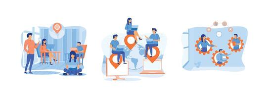 Remote workers work together on project scene, Company development and strategy and business planning, The idea team work and project delegation. Outsourcing set flat vector modern illustration