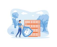 Man holding shield and server or hard disks. flat vector modern illustration