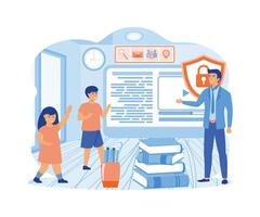 Father using content control software. Dad provides safe internet for children.  flat vector modern illustration